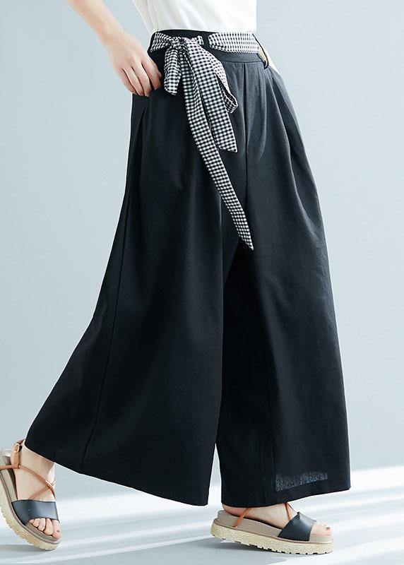 black cotton blended wide leg pants tie waist casual trousers
