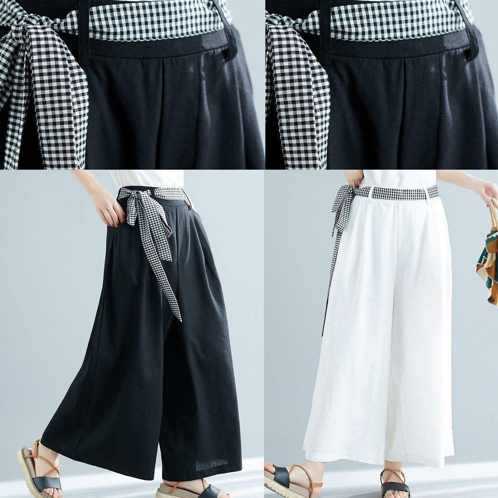 black cotton blended wide leg pants tie waist casual trousers
