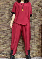black cotton linen two pieces o neck Cinched hem tops and women harem pants