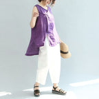 print casual linen tops vintage loose blouse Chinese Button sleeveless t shirt