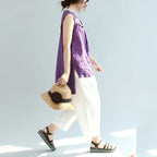 print casual linen tops vintage loose blouse Chinese Button sleeveless t shirt