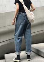 winter vintage denim blue pants high waist wide leg trousers