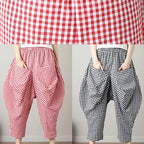 women black plaid casual cotton pants plus size big pockets crop pants